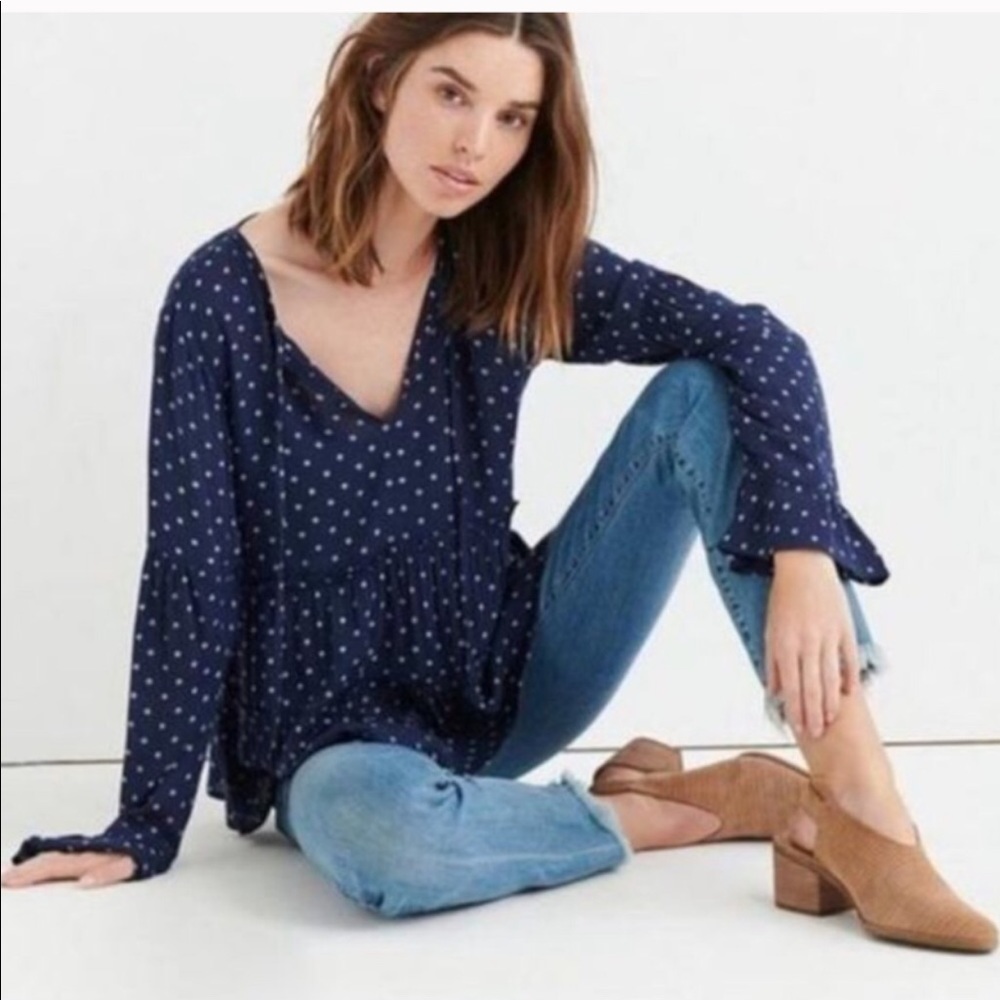 Lucky Brand navy silver polka dot long sleeve top